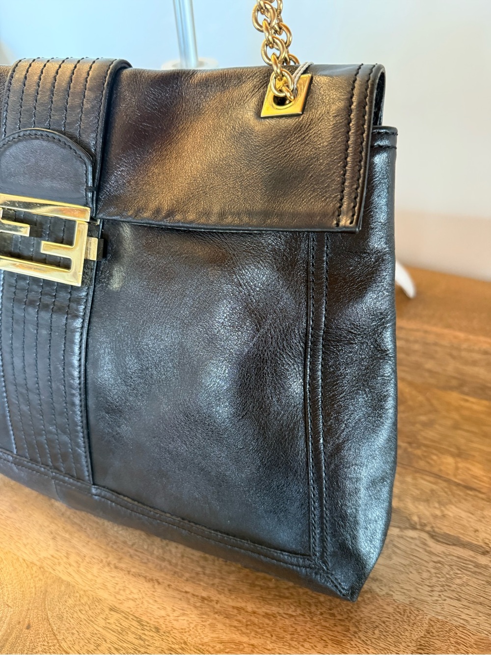 Rare Vintage Fendi Black Leather FF Flap Bag Gold Chain Shoulder Strap - Picture 8 of 17